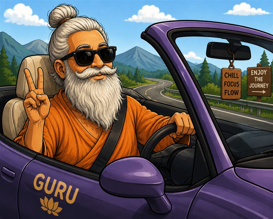 Cartoon illustration of a bearded guru in sunglasses giving a peace sign while driving a purple convertible on a mountain road